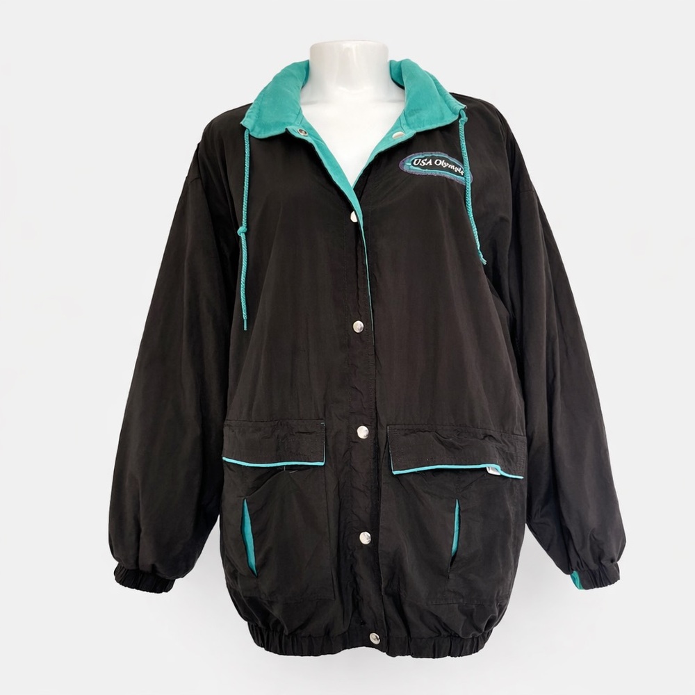 Vintage USA Olympic Windbreaker Jacket reversible Black Snap Front‎ L Oversized